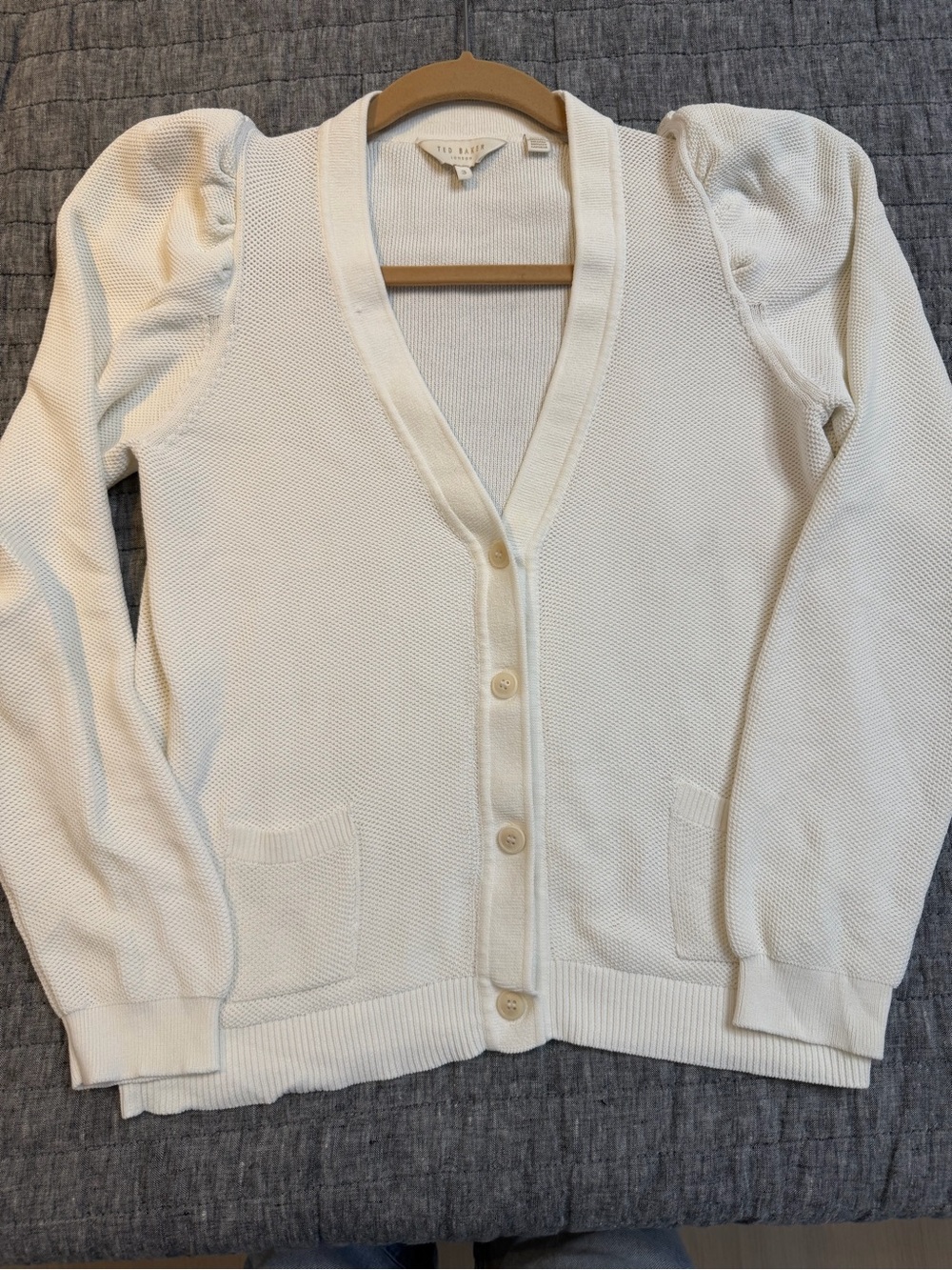 Ted Baker Cream Puff-Sleeve V-Neck Button Cardigan